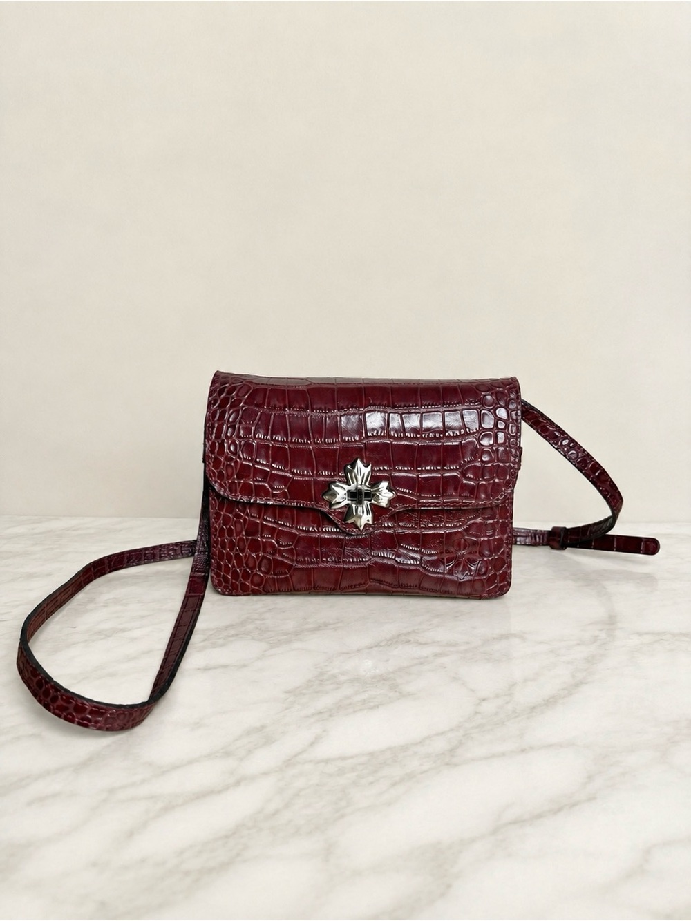 Patricia Nash Oxblood Croc Embossed Leather Crossbody Bag Discontinued